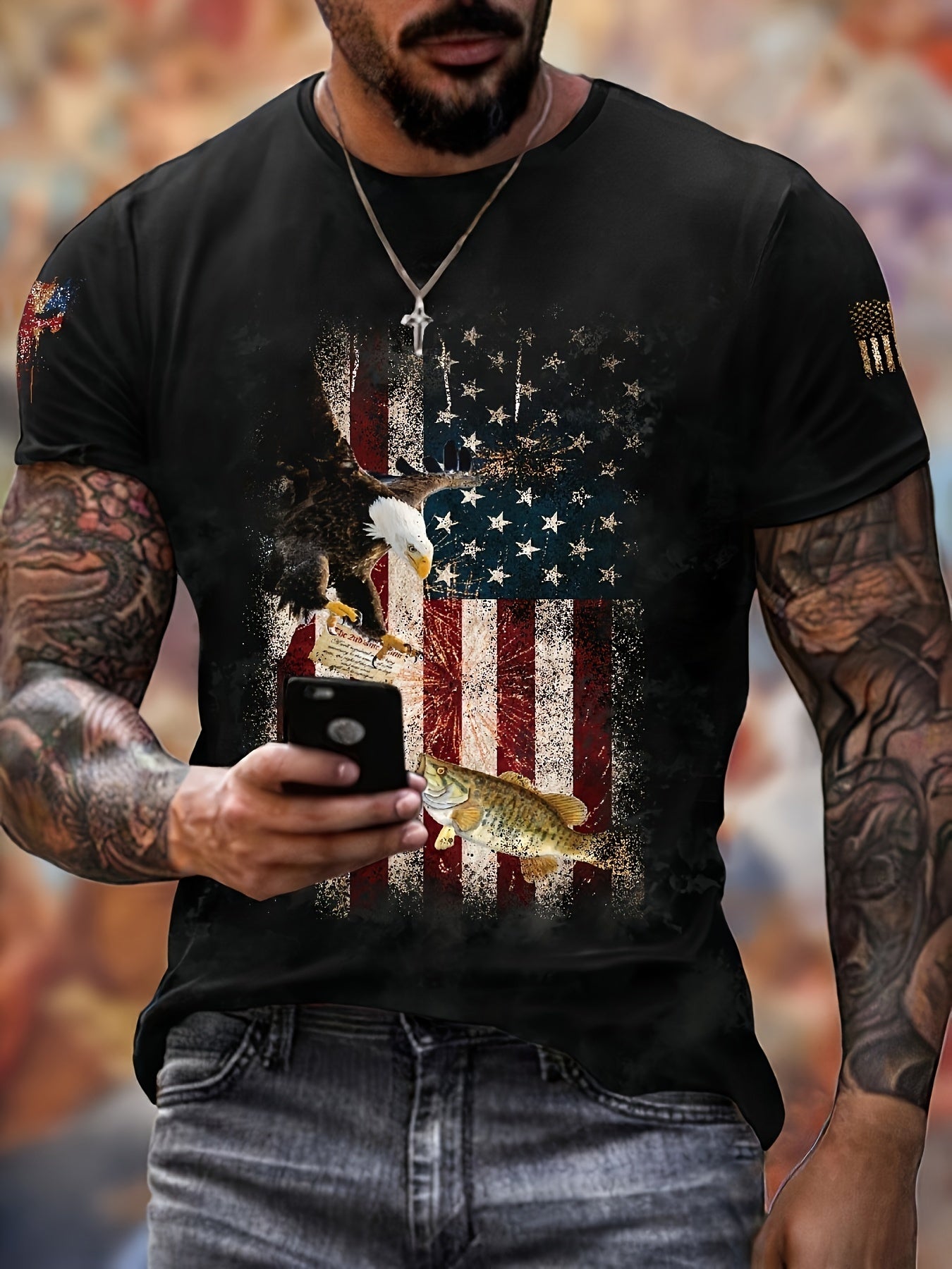 Flag Pattern Print Men's Short Sleeve Retro T shirt Graphic Tee Men's Summer