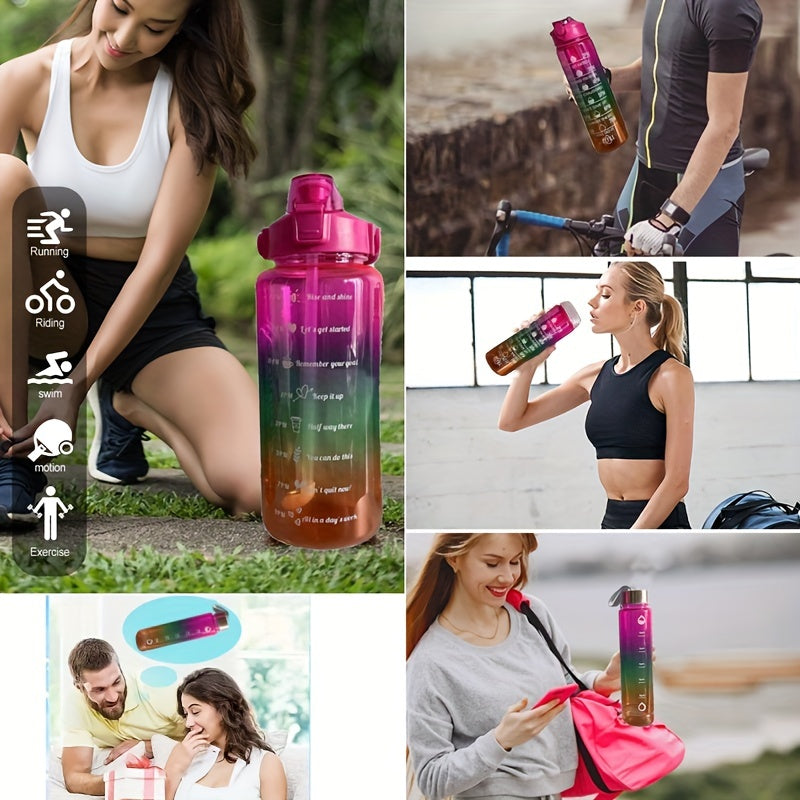 Gradient Leakproof Water Bottle with Time Marker and Straw Cup
