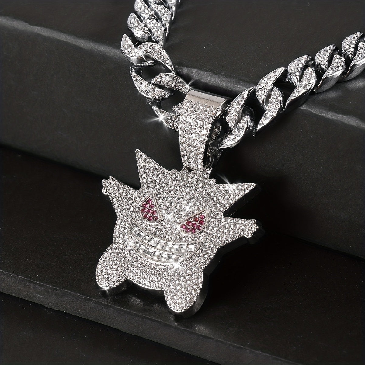 Women's Hip Hop Punk Ghost Pendant Necklace with Rhinestones Glitter Cuban Chain