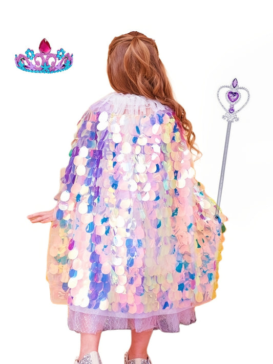 Girls Princess Cape Sequin Glitter Party Prop Kids Halloween Cloak Crown Cosplay