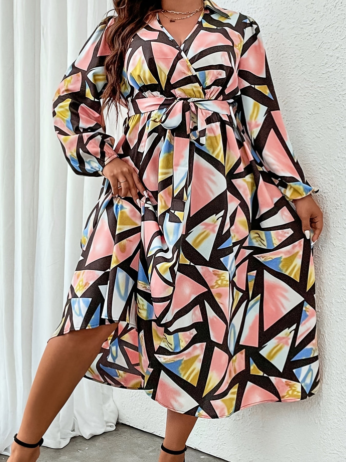  Colorblock Geo Print Long Sleeve Surplice Neck Dress