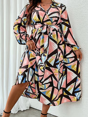  Colorblock Geo Print Long Sleeve Surplice Neck Dress