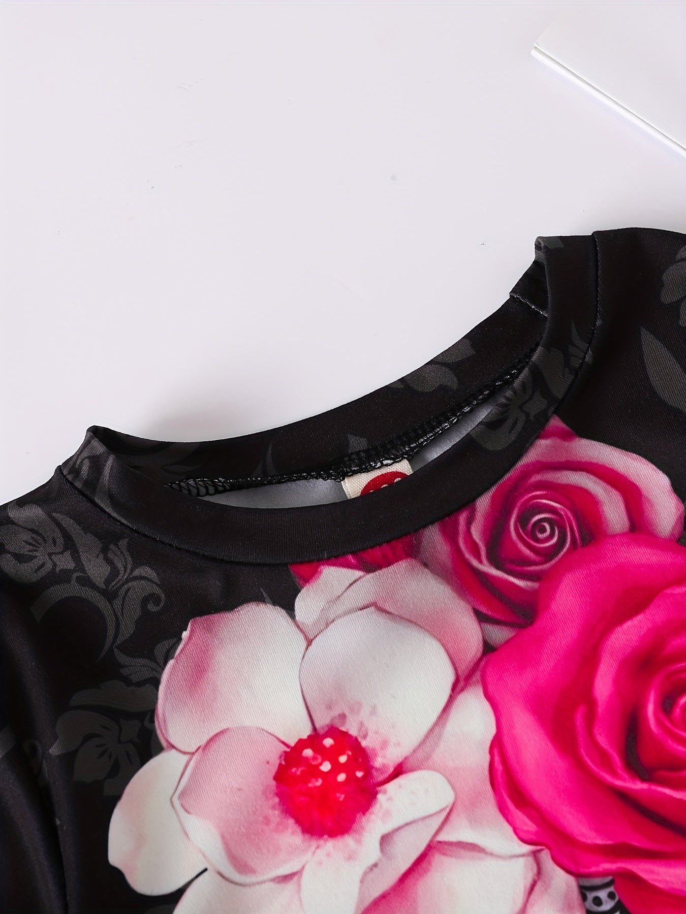 Floral Skull Print Girls Creative T-shirt Lightweight Short Sleeve Tee