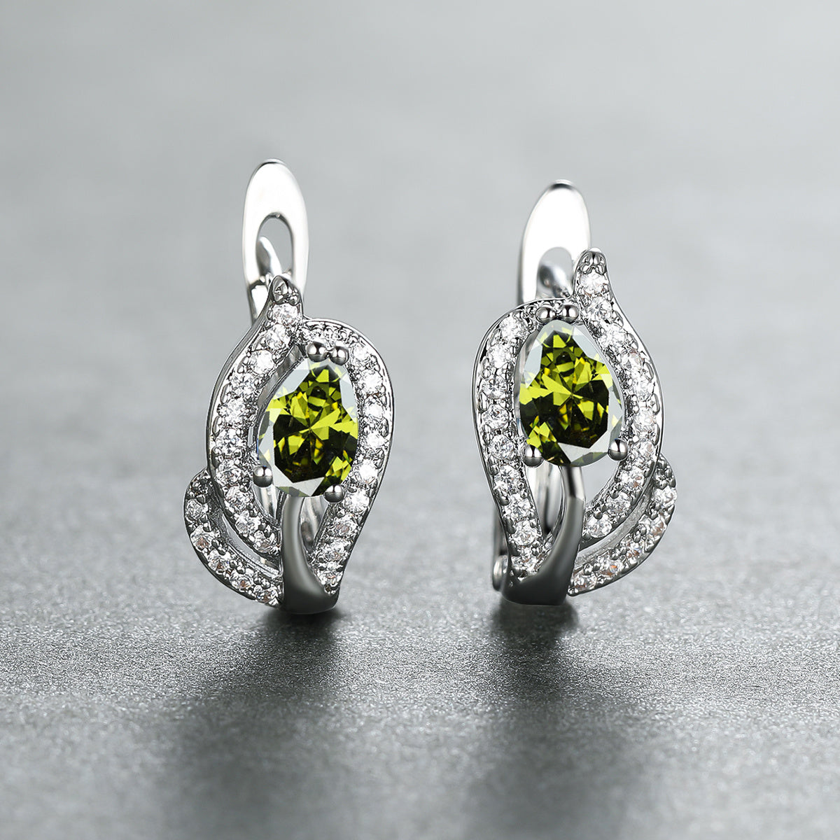 Multicolor Zirconia Stone Hoop Earrings, Leaf Crystal Silver Wedding Jewelry