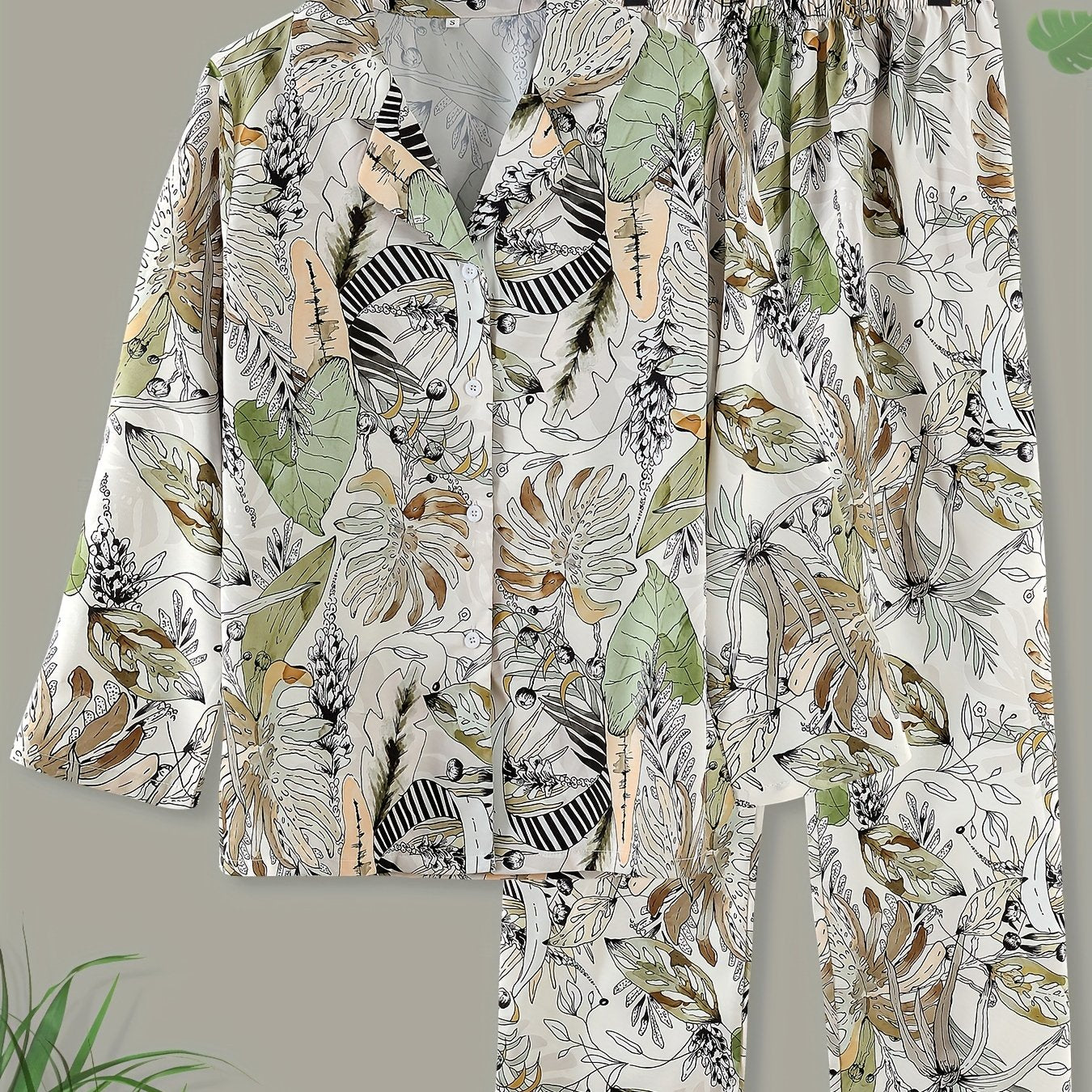 Floral Print Pajama Set Long Sleeve Buttons Top & Elastic Waistband Pants