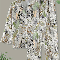Floral Print Pajama Set Long Sleeve Buttons Top & Elastic Waistband Pants