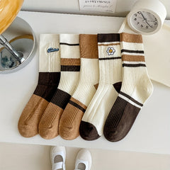 5 Pairs Striped Colorblock Socks Embroidery Crew Socks Women's Stockings