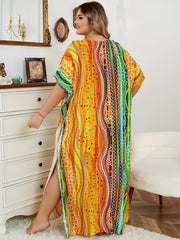  Rainbow Striped Batwing Sleeve Beachwear Kaftan Dress
