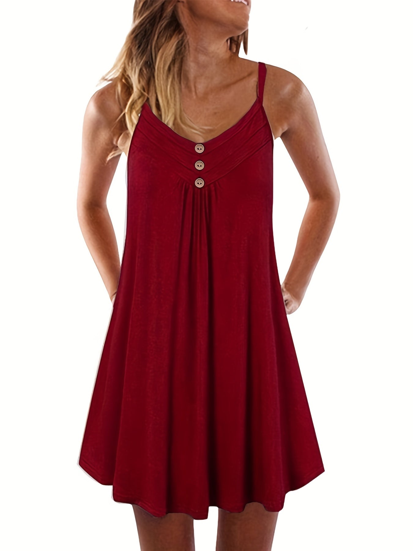  Solid Button Decor Ruched V Neck Midi Summer Dress