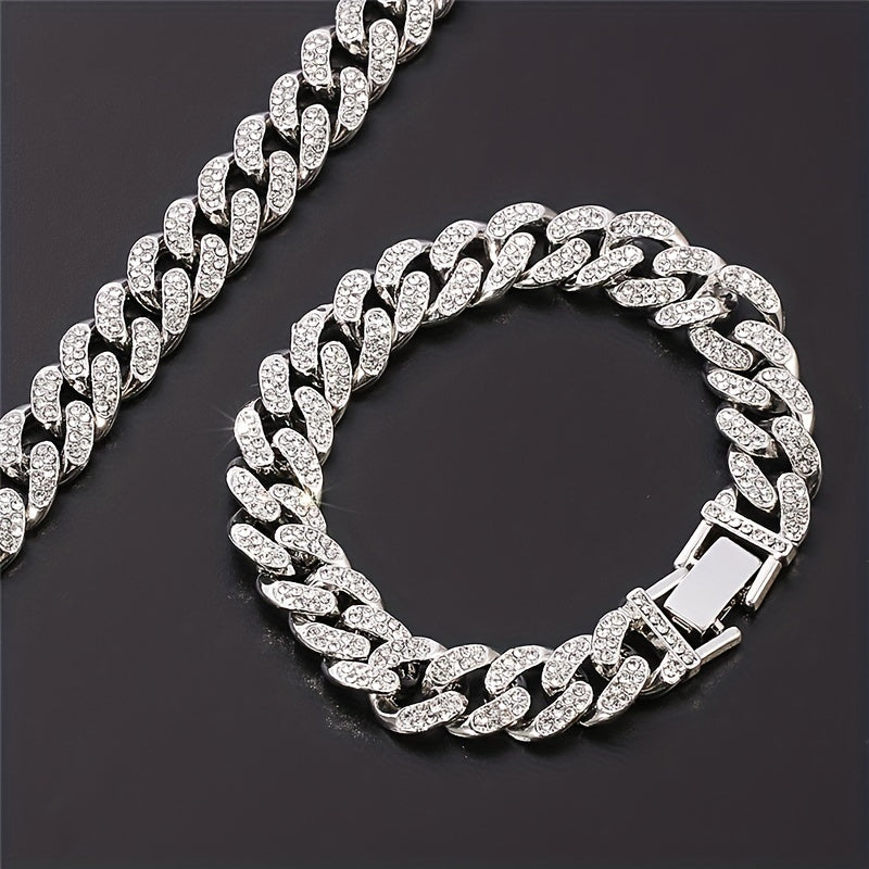 Men's Silvery Rhinestone Cuban Bracelet Hip Hop Bling