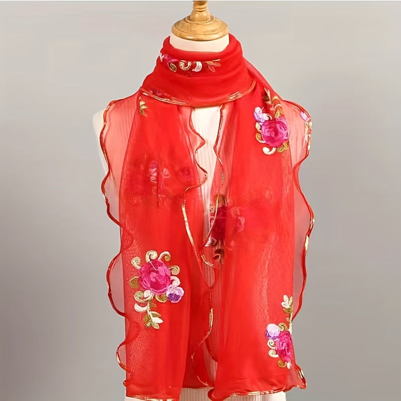 Ruffles Rose Embroidered Scarf Double Layer Gauze Head Wrap