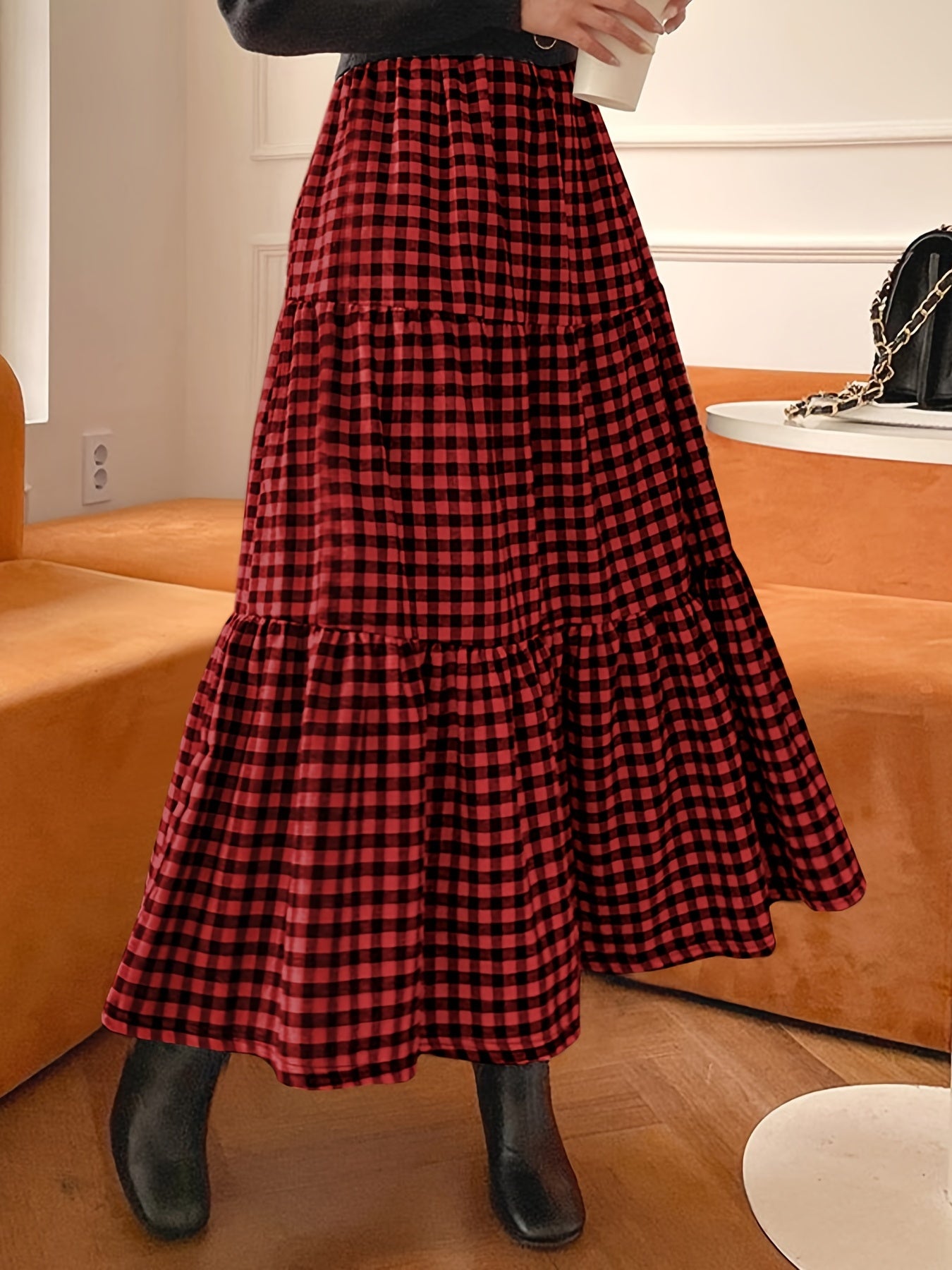  Gingham Print High Rise Maxi Skirt Women's Plus