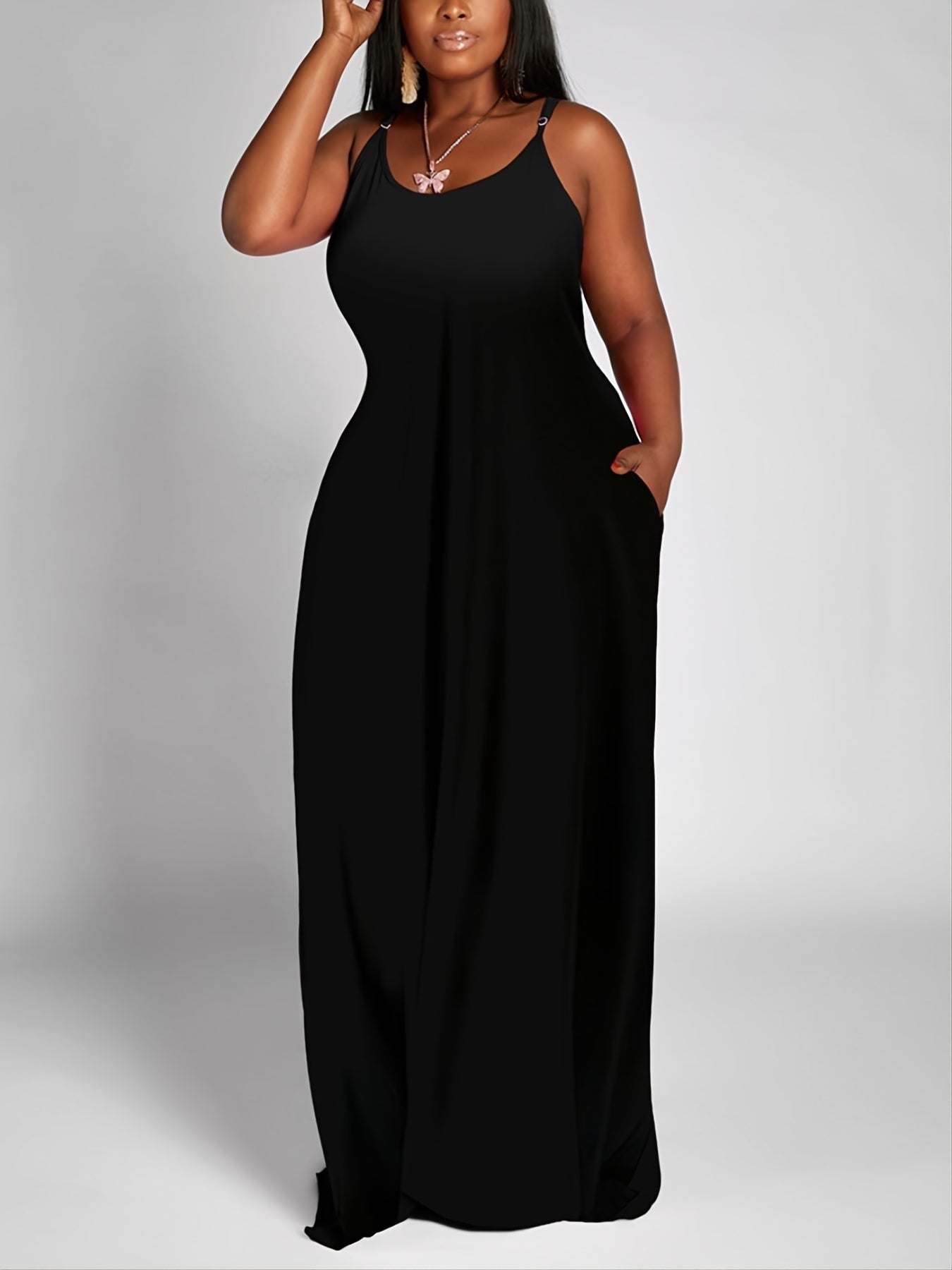  Solid Maxi Dress With Pocket Women's Plus Long Dress