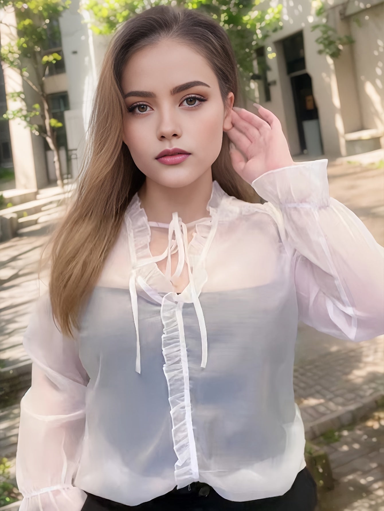  Casual Blouse Solid Ruffle V Neck Top