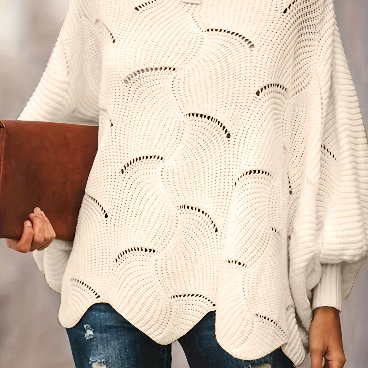  Casual Sweater Women's Solid Pointelle Long Sleeve Pullover Jumper