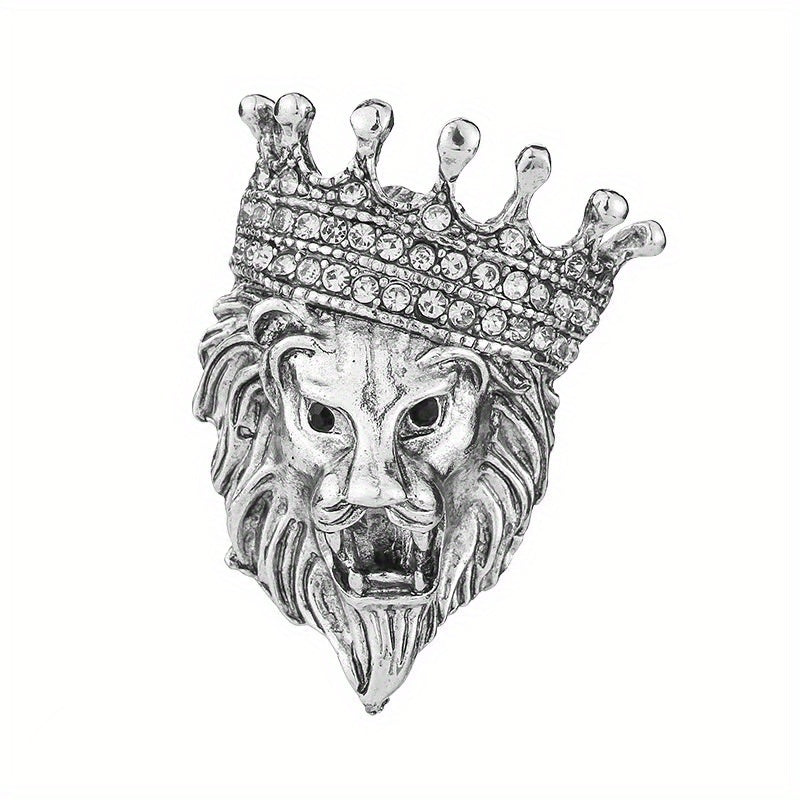 Vintage Lion Head Crystal Crown Lapel Pin Brooch