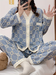 Geometric Pattern Pajama Set Long Sleeve & Elastic Waistband Pants