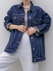 Women's Long Sleeves Denim Jacket Single Breasted Button Flap Pockets Lapel Coat