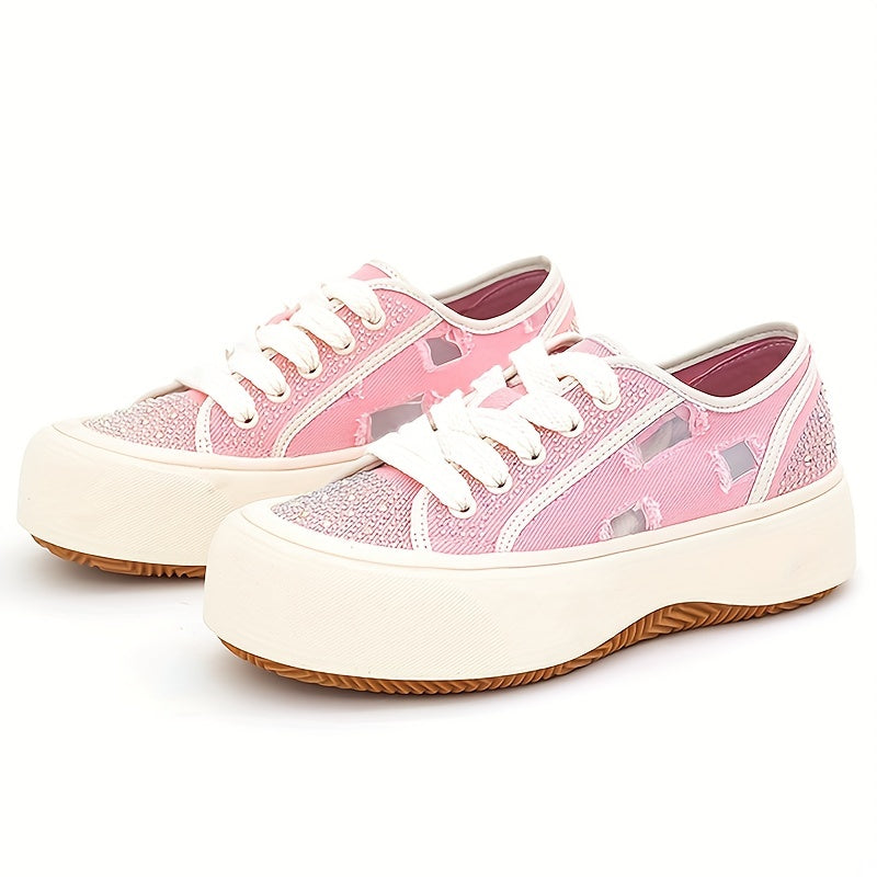 Rhinestone Mesh Low Top Chunky Shoes Women's Casual Heightening Board Shoes