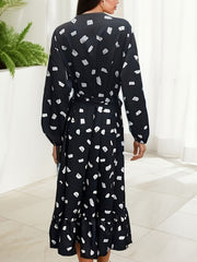  Lantern Sleeve Dot Print Wrap Dress