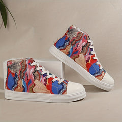 Women's Printed Canvas Mid Top Lace Up Sneakers Lightweight Shoes