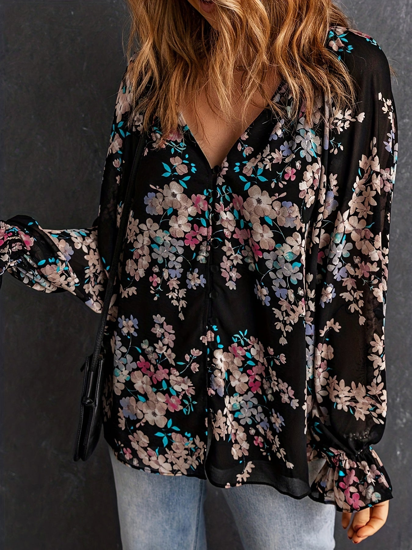 Floral Print Lantern Sleeve V Neck Tunic Top