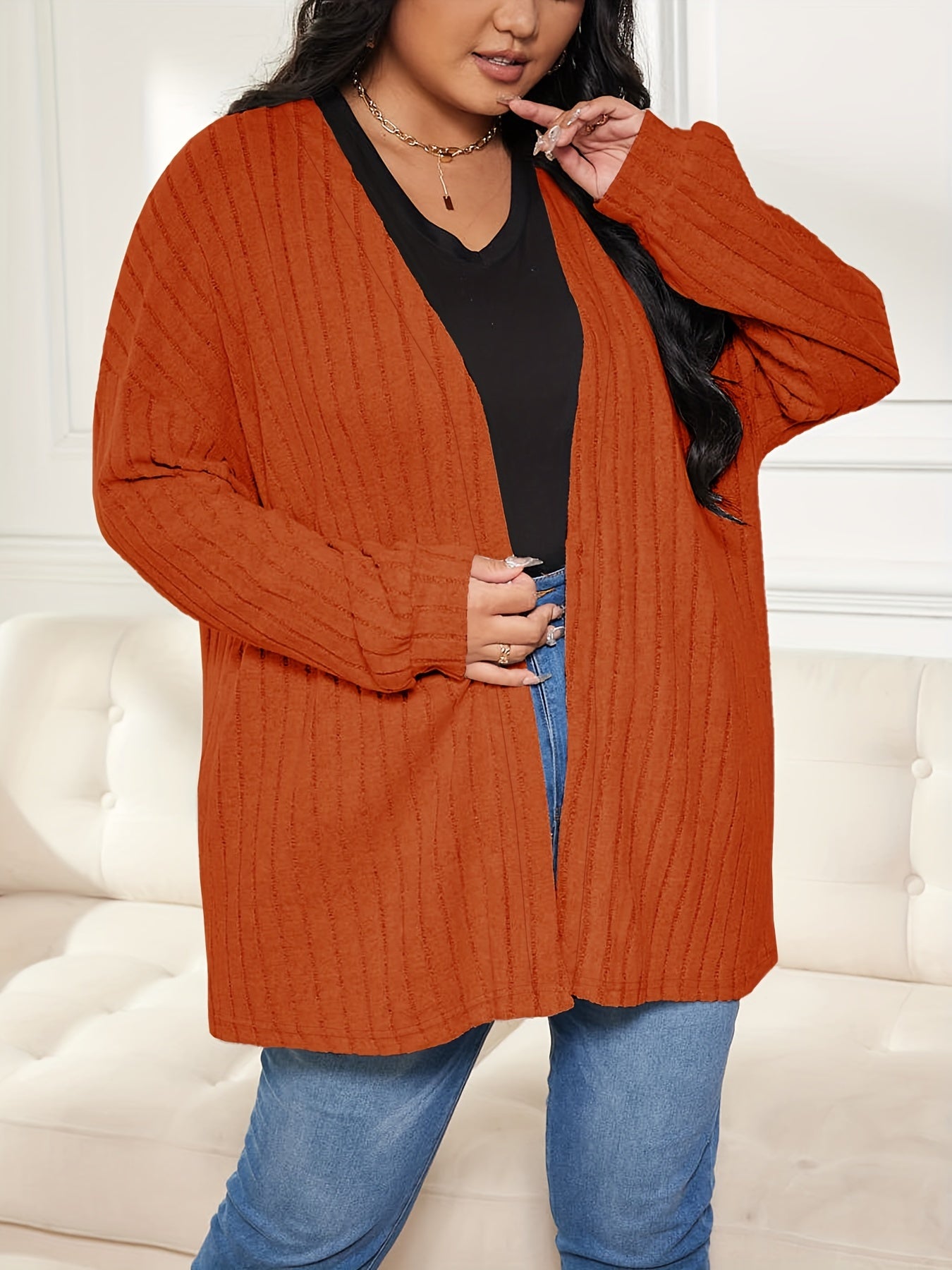  Solid Ribbed Long Sleeve Open Front Cardigan