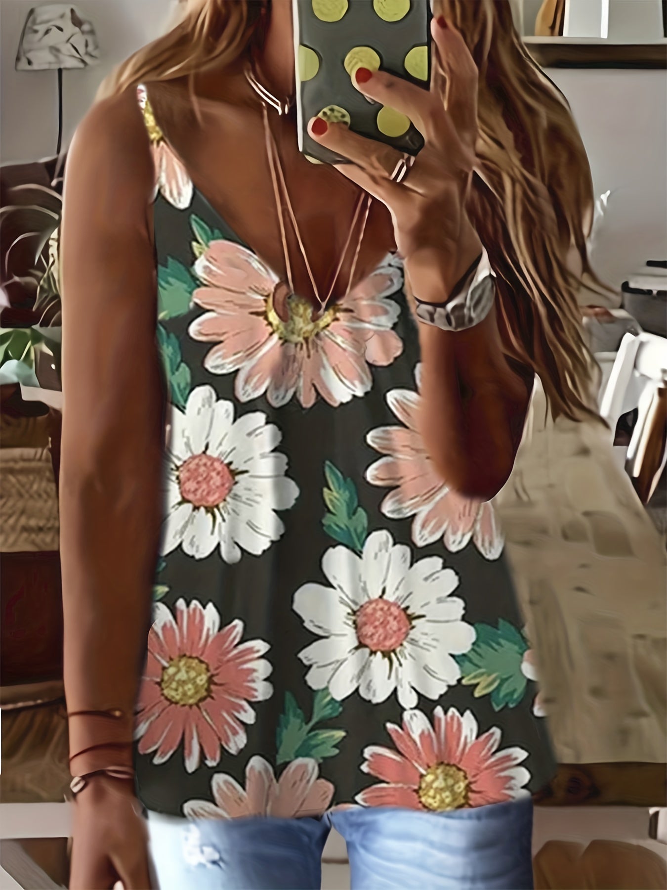  Colorblock Floral Cami Top V Neck 