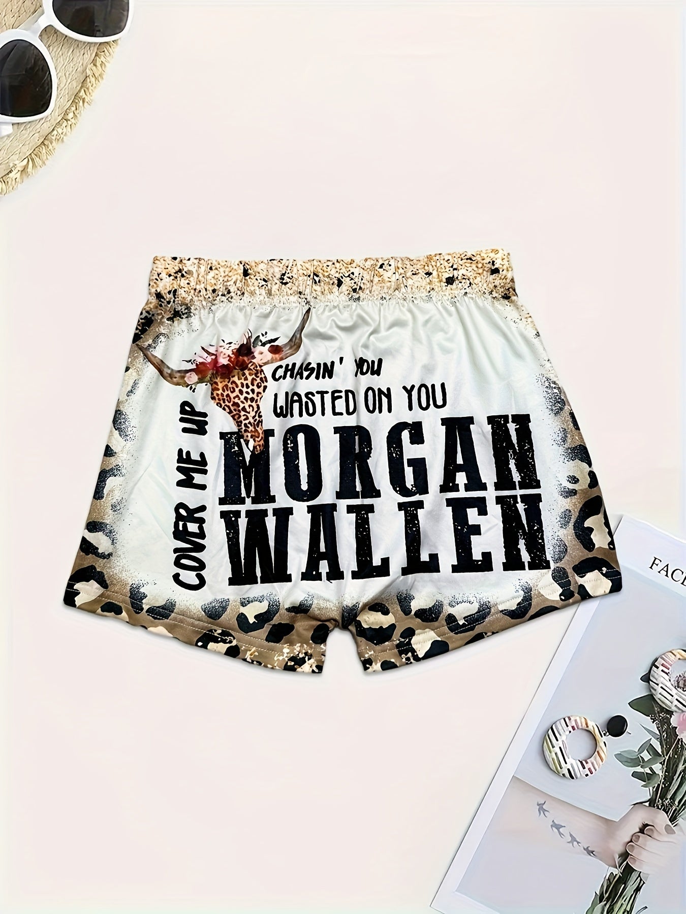 Plus Size Leopard & Slogan & Bull Skull Print High Rise Skinny Shorts