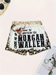 Plus Size Leopard & Slogan & Bull Skull Print High Rise Skinny Shorts