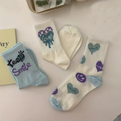 3 Pairs Heart Print Socks Comfy & Breathable Mid Tube Socks Women's Stockings