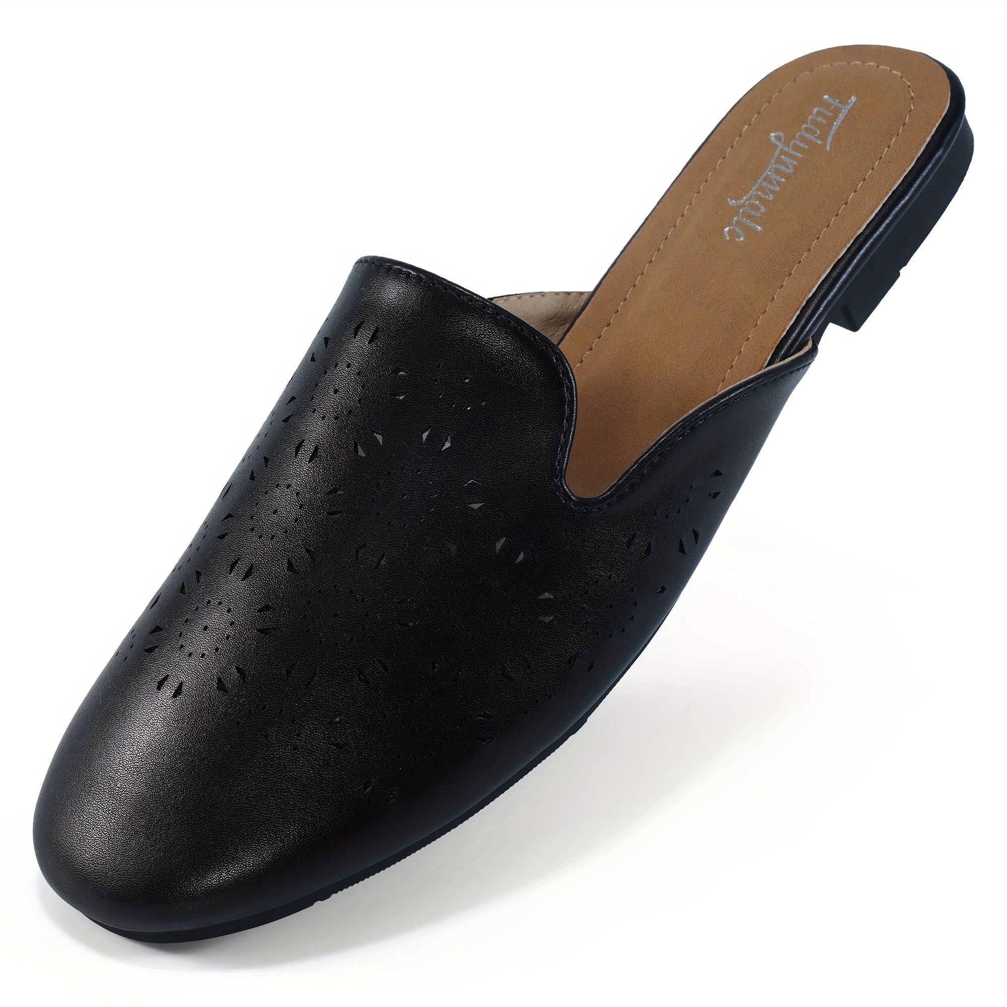 Women's Perforated Flat Mules Closed Toe Slip On Backless Loafers