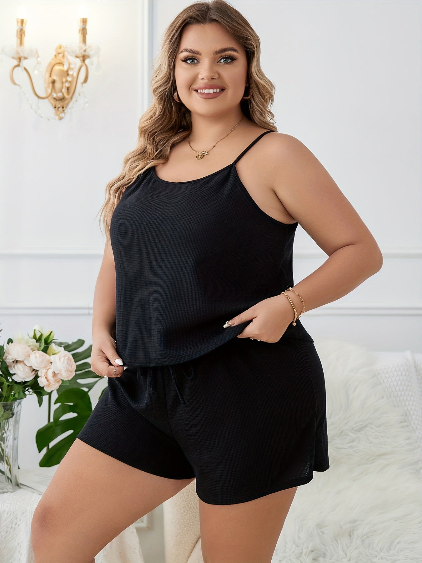 Waffle Knit Cami Top & Tie Shorts Pajama Set