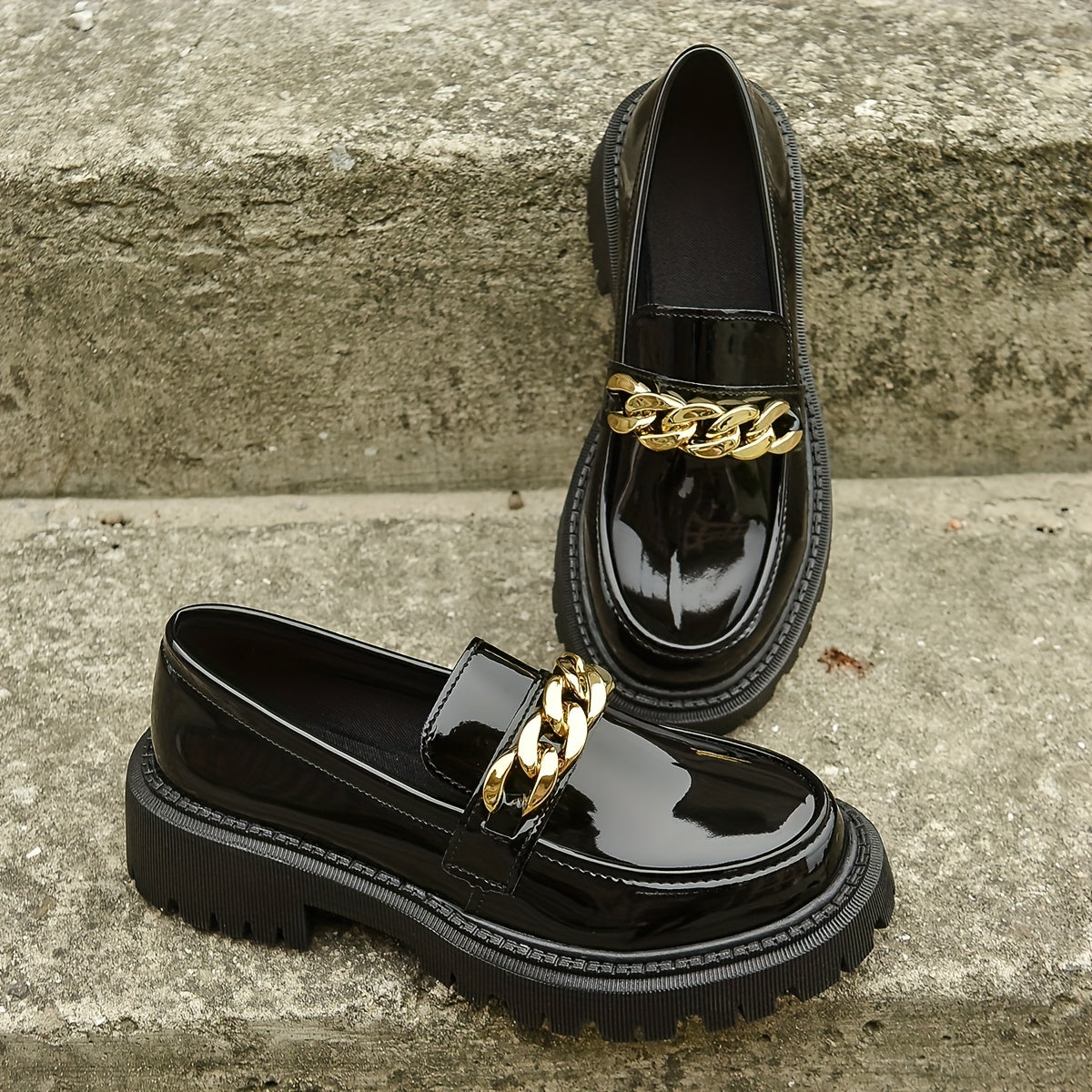 Women's Chain Decor Chunky Heel Loafers Slip On Faux Leather Shoes