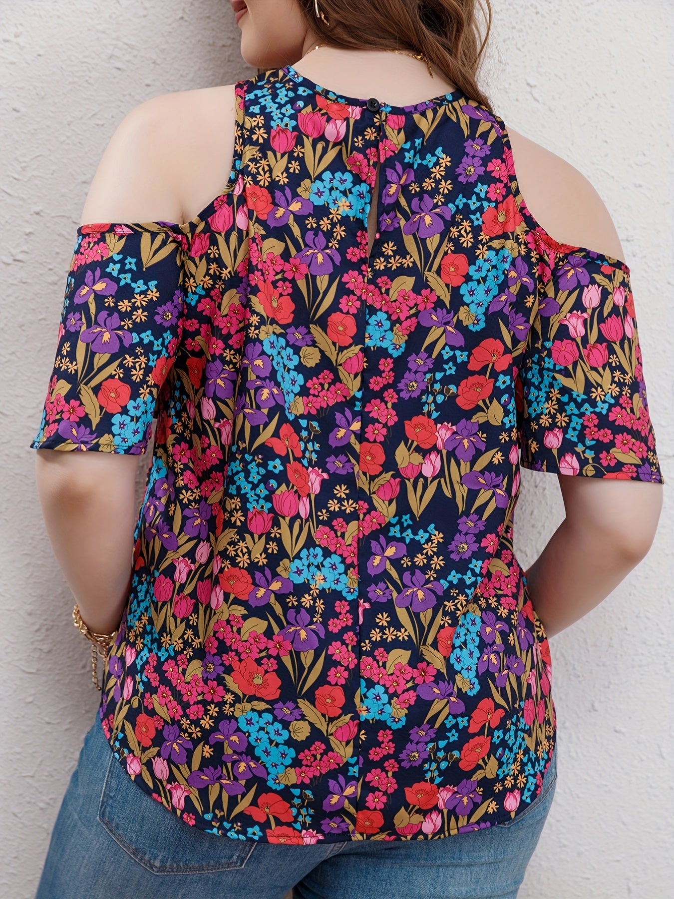  Allover Floral Print Cold Shoulder Cross Neck Top