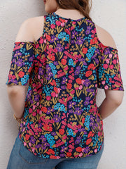  Allover Floral Print Cold Shoulder Cross Neck Top