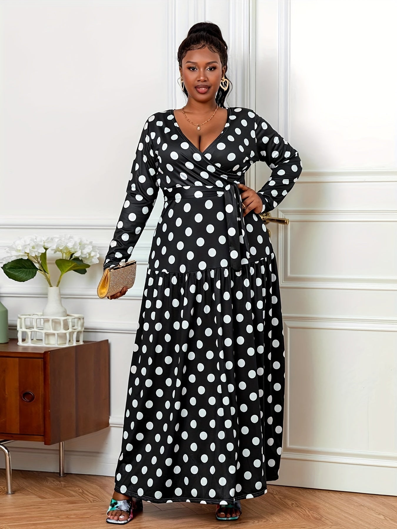  Polka Dot Long Sleeve Maxi Dress With Belt