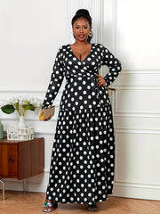  Polka Dot Long Sleeve Maxi Dress With Belt