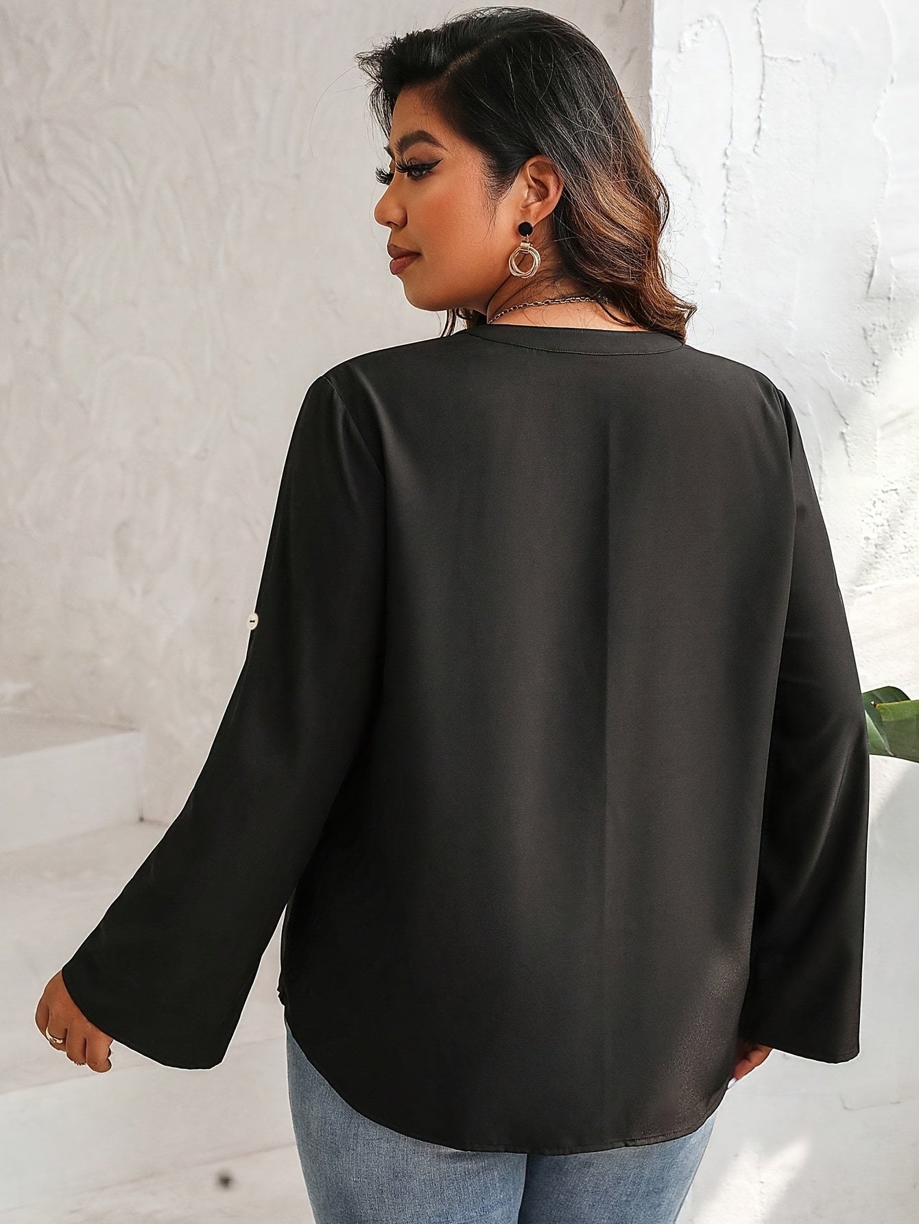  Solid Button Up Roll Up Sleeve Tunic Blouse