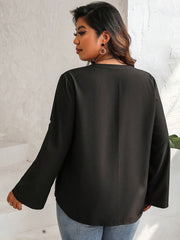  Solid Button Up Roll Up Sleeve Tunic Blouse