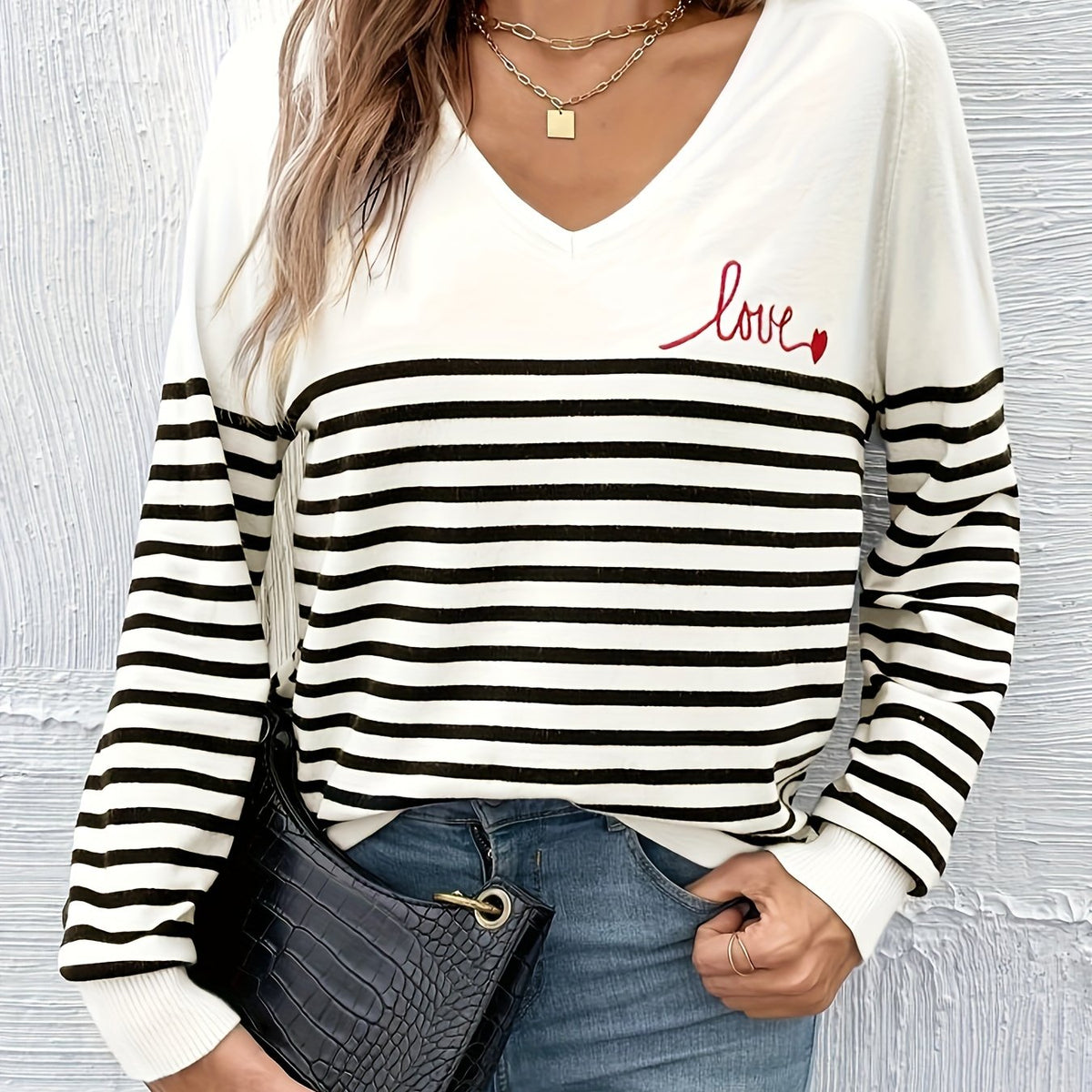 Striped V Neck Pullover Sweater Long Sleeve Casual Spring Fall