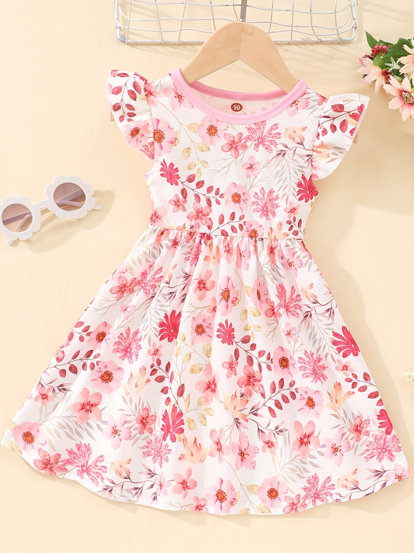 Girl's Plaid Sunflower Graphic Flying Sleeve Dress