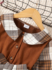 Plaid Contrast Doll Collar Long Sleeve Dress For Girls