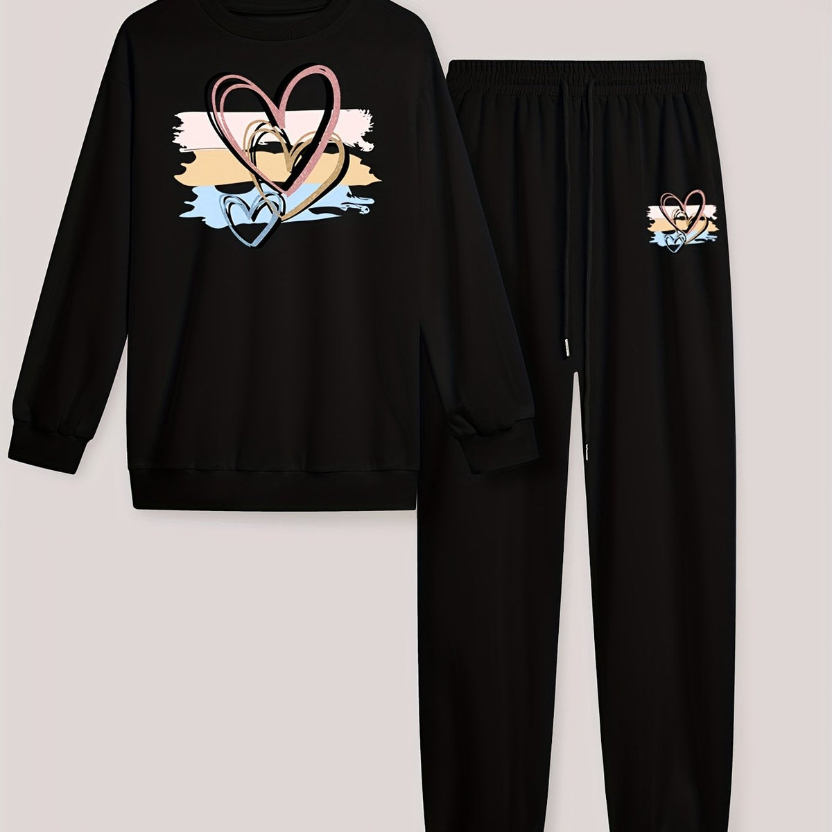  Colorblock Heart Print Top & Drawstring Pants Set