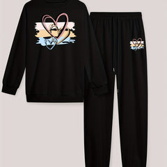  Colorblock Heart Print Top & Drawstring Pants Set