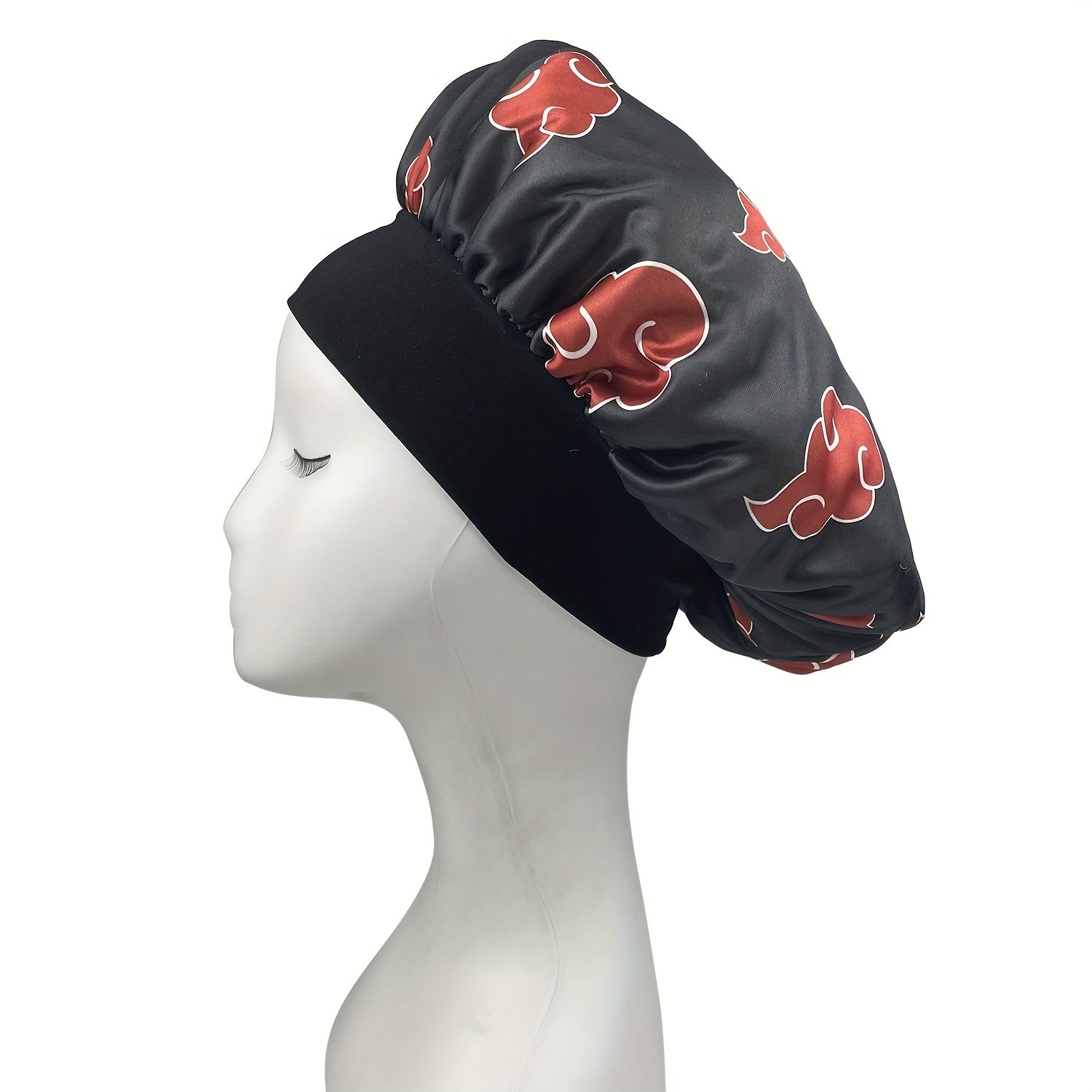 Red Cloud Printed Cosplay Bonnet Anime Shower Cap Satin Head Wrap Wide Headband