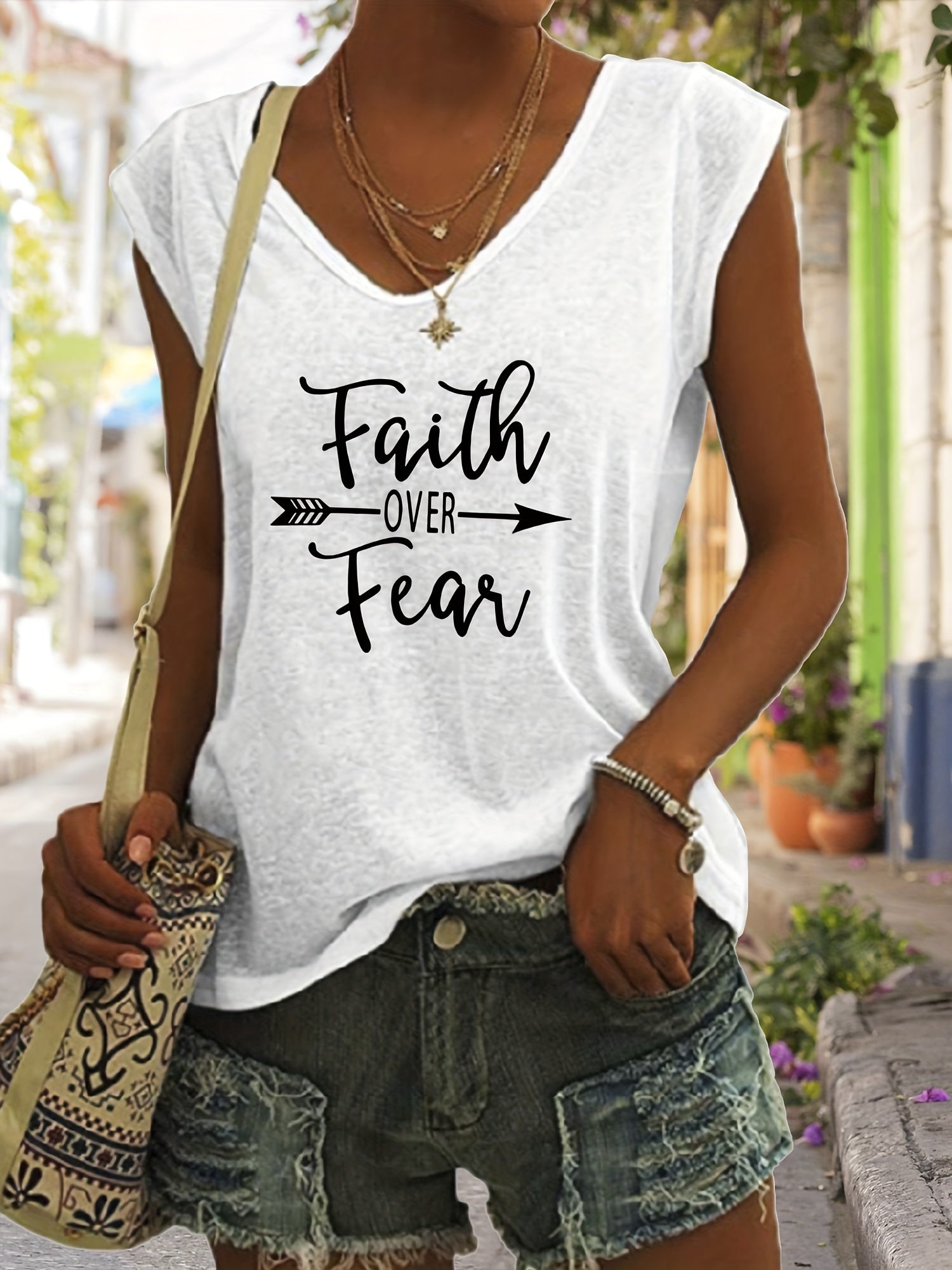 Faith Over Fear Print Tank Top Sleeveless Casual Top