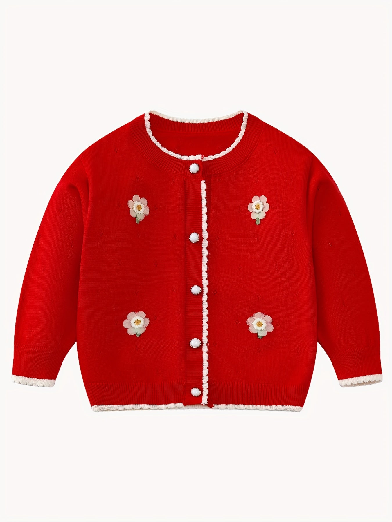 Baby Girl Sweater Coat With Small Flower Decor Knitted Cardigan
