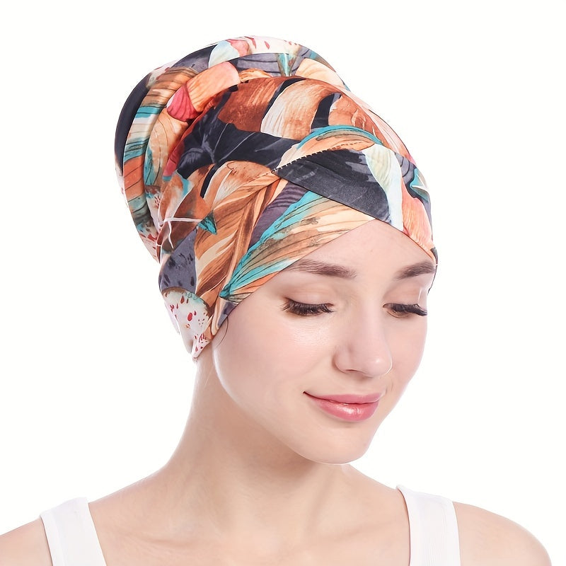 Boho Flower Print Turban Cap Back Twisted Head Wrap for Women