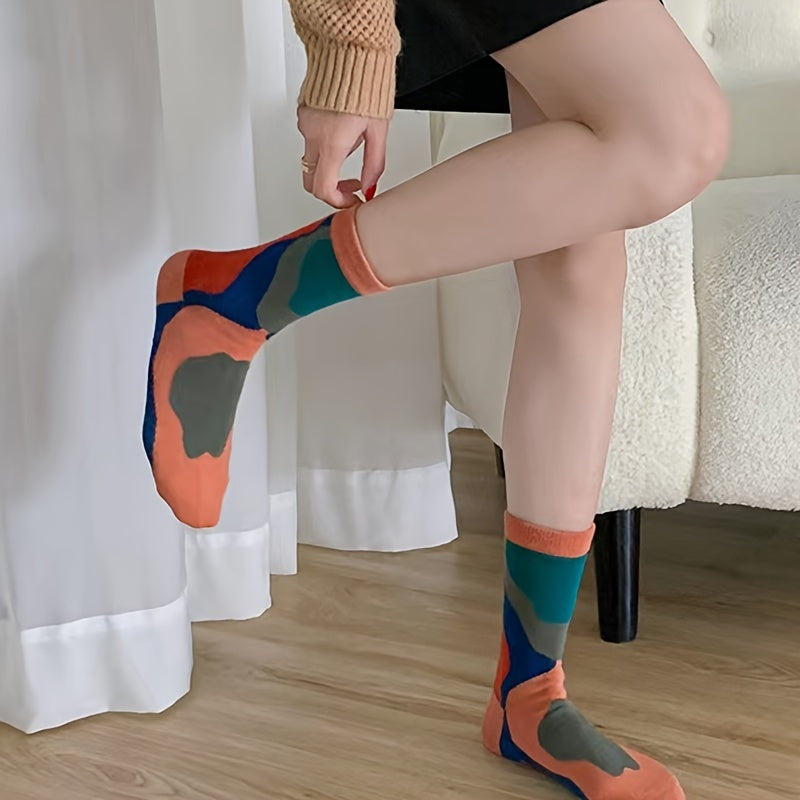 3 Pairs Retro Colorblock Socks Novelty Pattern Crew Socks Women's Stockings